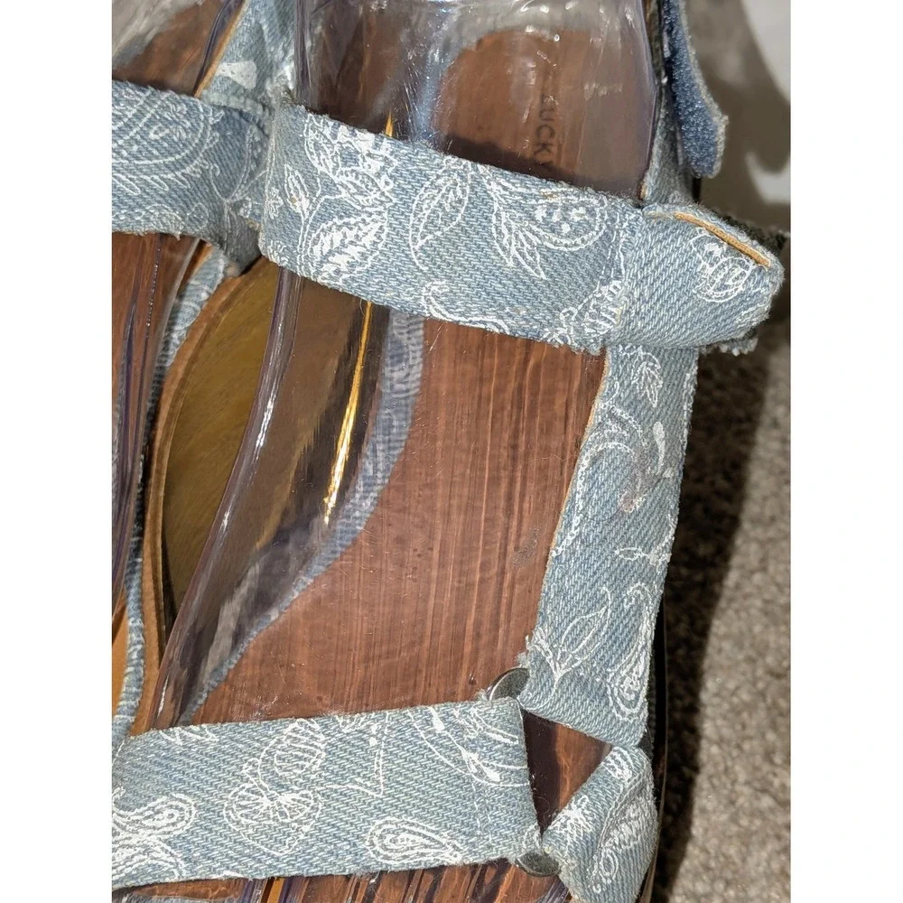 Lucky Brand Blue Paisley Denim Platform Wedge‎ Sandals 9M 40 Boho Wood Grain